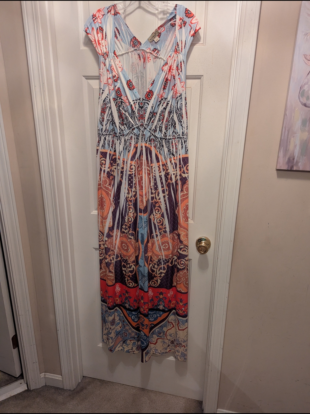 ONE WORLD Light Blue, Orange and Navy Floral Paisley Maxi Dress